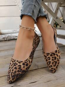 女士新款优雅豹纹尖头休闲户外一脚蹬鞋，“时尚”印花芭蕾舞鞋运动鞋 - 豹紋 - 查看 6