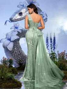 Elegant Sweetheart Pink Beaded One Shoulder Back Tie Women Gown Dress For Dinner Party, Party Night, Cocktail Party (Heavily Embellished) - Mint Green - View 3