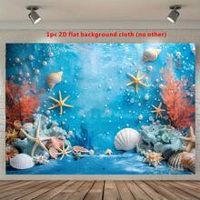 1pc 2D Flat Banner, Beautiful Ocean Theme Background Banner, Blue Underwater Nautical Design With Pearls, Starfish, Seaweed And Shells, Suitable For Summer Party, Birthday, Christening, Home Decor, Anniversary, Cake Table Party Banner