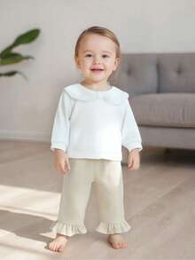 Baby Girl Corduroy Pants Fashionable Frill Hemmed Solid Color Ankle Length Trousers Daily Wear - Khaki - View 2