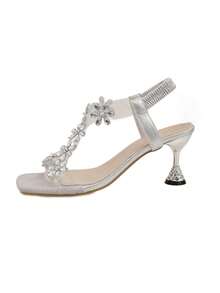 New Year's Rhinestone Sandals, Stylish Chunky Mid-Heel And Crystal Clear Heel, High Heel Dance Shoes, Suitable For Teenagers, School Style, High Heel Dance Shoes - Silver - View 10