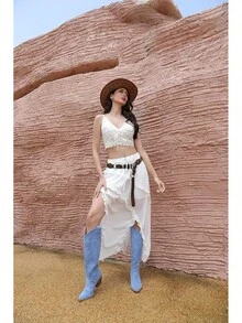 Cowgirl Boots Women Knee High Boots Pointed Toe And Block Heel Cowboy Suede And Faux Leather Boots With Embroidered - 藍色 - 查看 5