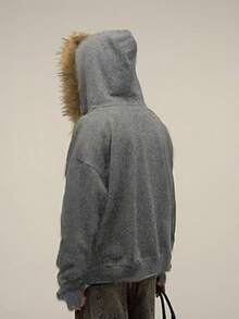 Y2k Zip Up Hoodie Fur Hooded Jacket Warm Winter Coat For Men Fur Collar Hoodies Streetwear Unisex Streetwear-20256688 - 灰色 - 查看 3