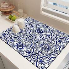 1 Stück Abtropfmatte für Küchentheken mit blauem Barock-Blumendruck, super saugfähig, kaschiert Flecken, Mehrzweckmatte für Ess- und Küchenbereich mit Gummirückseite, geeignet für Kaffeemaschine, Geschirrständer, Küchentheke, Kaffeetasse, Cut Out - HL  225 - Übersicht 10