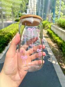 1 cană de cafea transparentă de 473 ml cu design cu fundă, vine cu capac și pai din bambus, cană portabilă pentru băuturi/sucuri de mare capacitate, potrivită pentru vară și iarnă, cadou de ziua de naștere/petrecere de sărbători, sticlă de apă din sticlă pentru cadou de Crăciun