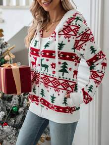 Plus Size Women Christmas Print Hooded Zip-Up Casual Jacket - Multicolor - View 4