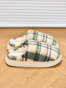 Grün karierte Retro Warm Hausschuhe, Damen Hausschuhe, einfache klassische Paare Schuhe, warm rutschfest und langanhaltend