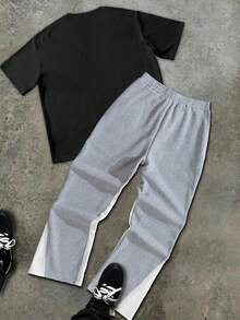 Men's Abstract Star Print Round Neck Short Sleeved Casual T-Shirt And Flame Print Pants 2-Piece Set, Men's Clothing, Versatile For Both Men And Women, T-Shirt And Sweatpants 2-Piece Set - Black+Grey(黑色+灰色) - 查看 2