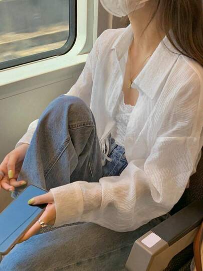 Solid Color New Drawstring High-End Shawl Collar Shirt Blouse