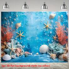 1pc 2D Flat Banner, Beautiful Ocean Theme Background Banner, Blue Underwater Nautical Design With Pearls, Starfish, Seaweed And Shells, Suitable For Summer Party, Birthday, Christening, Home Decor, Anniversary, Cake Table Party Banner
