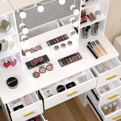 Yamissi Dressing Table Set Makeup LED Lighted Mirror Vanity Desk Storage Shelves- Perfect For Organizing Makeup, Skincare, Elegant Vanity|Decorative Vanity, Vanity Furniture, Compact For Small Space, Bedroom Decor Gift, Perfect Gift For Women Girls , Ideal Para Regalos De Navidad Y Halloween.