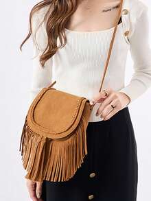 Tas Fashion Musim Gugur/Dingin Terbaru, Tas Selempang Serbaguna, Tas Kecil Rumbai Modis, Tas Kasual Persegi Kecil Matte, - Coklat - View 3