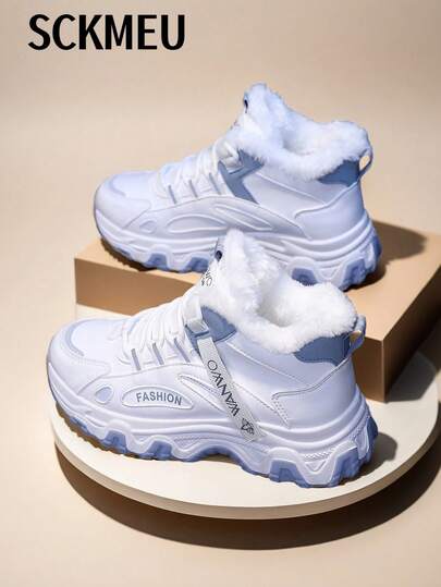 SCKMEU 1 双女士时尚系带羊毛厚底踝靴，轻便休闲，适合雪天