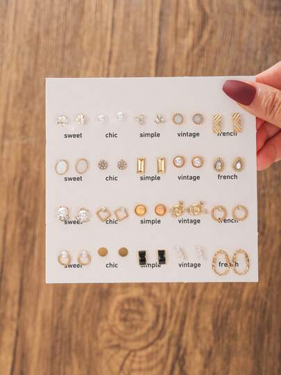 40pcs Rabbit Shaped Faux Pearl & Rhinestone Decor Metallic Color Stud Earrings Set For Women