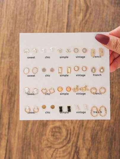 40入組兔子形狀人造珍珠和鑽石裝飾金屬色風格耳釘組,適用於女性