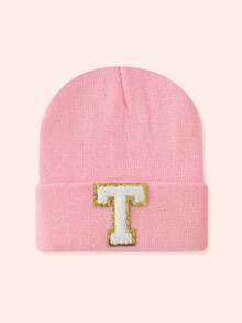 1pc Pink Children's Hat With 26 Letters, Knitted Beanie For Baby Boys And Girls, Warm For Outdoor And Daily Wear - Gold Label-pink Fluorescent Cap - View 44