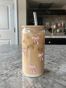 1 cană de cafea transparentă de 473 ml cu design cu fundă, vine cu capac și pai din bambus, cană portabilă pentru băuturi/sucuri de mare capacitate, potrivită pentru vară și iarnă, cadou de ziua de naștere/petrecere de sărbători, sticlă de apă din sticlă pentru cadou de Crăciun