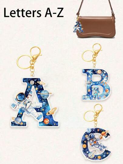 Llaveros con letras del alfabeto de astronauta, llaveros con iniciales, llaveros creativos de astronauta y planeta, llaveros con letras del alfabeto inglés A-Z, llaveros acrílicos de astronauta, 26 letras en inglés, lindos colgantes de bolso estilo kawaii, accesorios de pendientes
