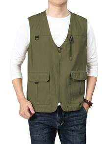 Men's Casual Outdoor Cotton Vest Lightweight Breathable Multi-Pocket Fishing Travel Vests OutwearChristmas IQWV - 04-綠色 - 查看 8