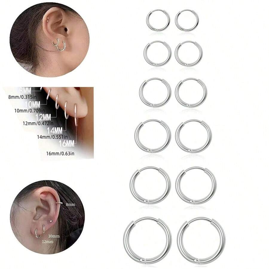 6只8mm/10mm/12mm/14mm/16mm/18mm不锈钢圆形小耳环，女士耳骨穿刺饰品 - 鋼色 - 查看 1