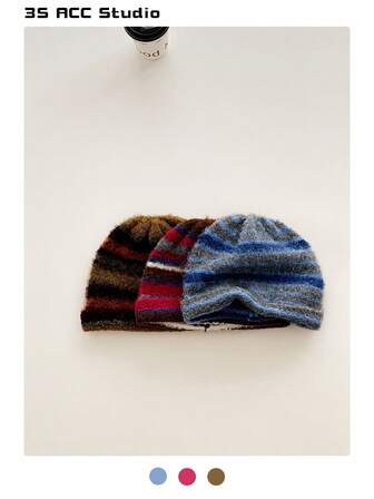 1 st extra lång borstad lösstickad mössa, randig kontrastfärgad öronvärmare, mjuk lösstickad mössa, lämplig för höst/vinter, unisex