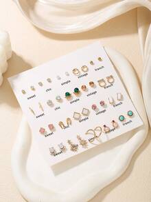 40pairs/Set Ladies' Geometric Faux Pearl & Rhinestone Decor Stud Earrings For Daily Wear - Multicolor - View 3
