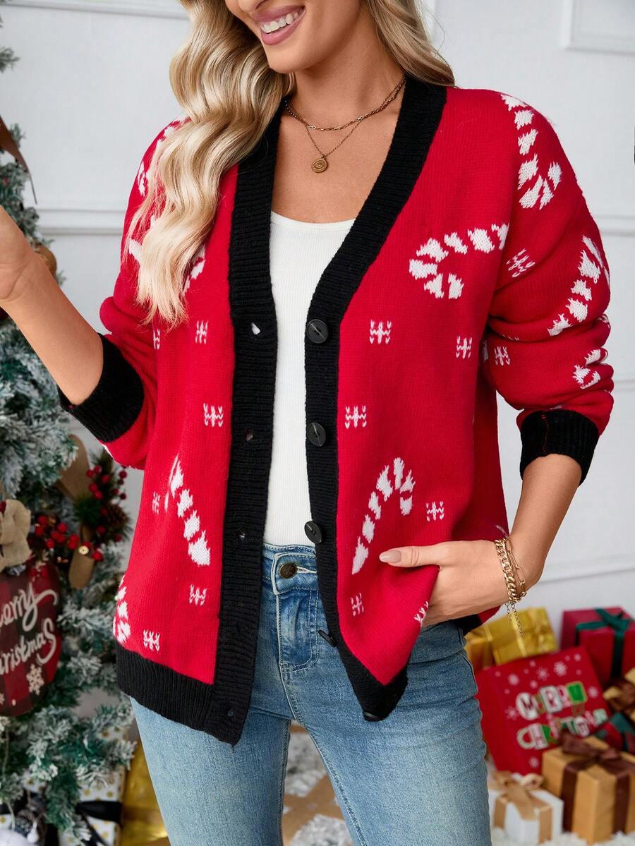 Maglione elegante e casual da donna per l'autunno e l'inverno, cardigan lavorato a maglia con blocchi di colore, pullover rosso, top a maniche lunghe adatto per uscire, abbigliamento natalizio