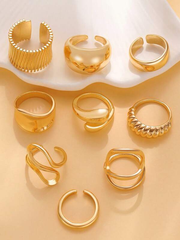 9/5pcs Set Fashionable Geometric Wrapped Line Water Drop Smooth Ring Set, Suitable For Women's Daily Wear