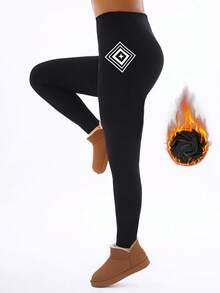 Women's Autumn/Winter Thermal Lined Geometric Star Print Leggings, Black, High Stretch, Suitable For Outdoor, Vacation, Walking, Fitness, Casual Wear - Black - View 6