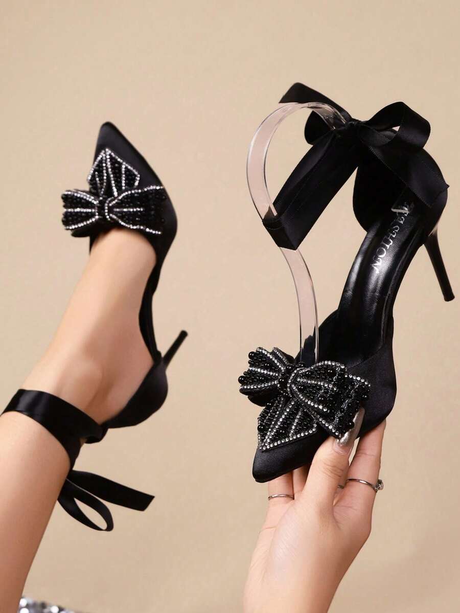 2025春夏新款尖头高跟凉鞋，镶钻，蝴蝶结透明仙女带法式风格，优雅女士高跟鞋，适合派对穿着 - 黑色 - 查看 1