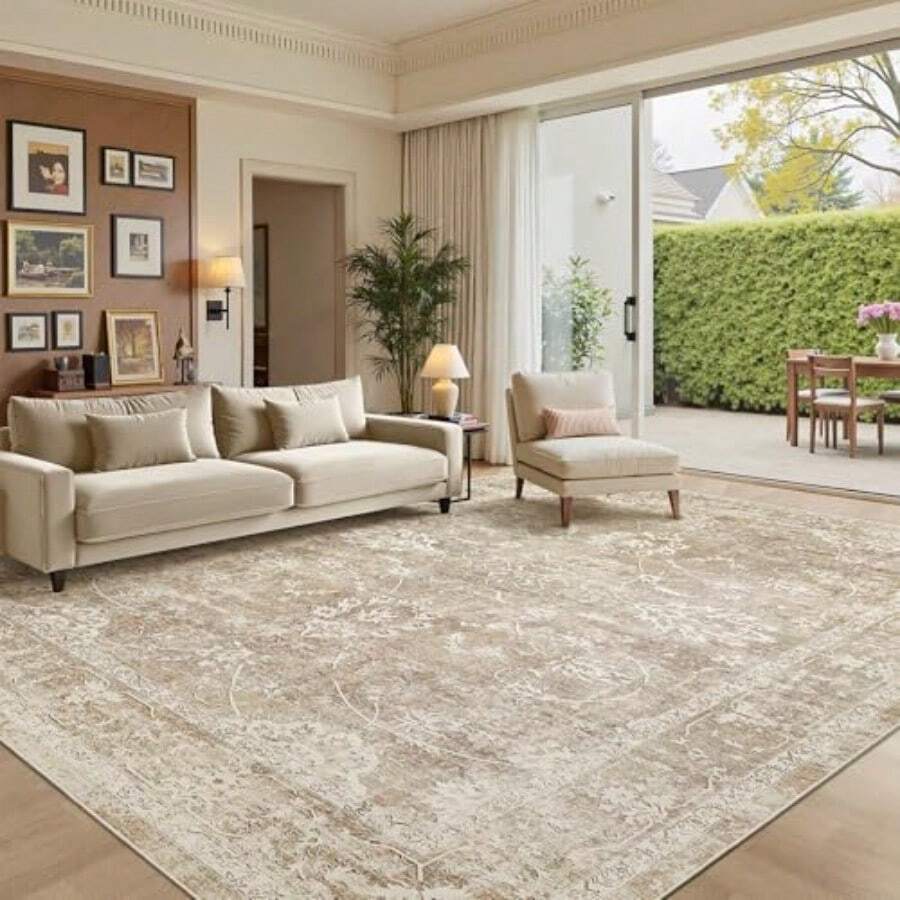 8x10 Area Rugs For Living Room Machine Washable Vintage Rug With AntiSlip Backing Soft Floral Print Large Rugs Foldable Thin Area Rug For Bedroom Dining Room 8 X 10 Beige Brown - 米色棕色 - 查看 1
