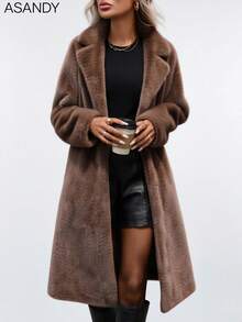 冬季必备：棕色仿毛皮长款翻领大衣 - 咖啡色 - 查看 4