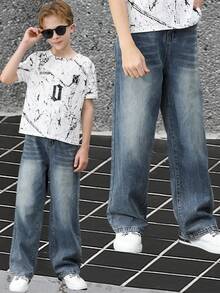 Pantalones vaqueros azules de moda casual y cómodos para adolescentes, adecuados para uso diario y vuelta al colegio, lavado vintage de alta calle con efecto desgastado | Pierna recta ajustada | Pantalones vaqueros con caída