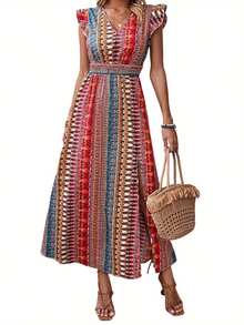 Women Summer Side Split Dress Flying Sleeve V Neck Pattern Print Dress For Party Club - 紅色 - 查看 6