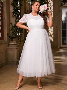 Women's Plus Size Elegant Solid Color Patchwork Lace Mesh Zipper Closure Tea Length Semi-Formal Party Dress For Wedding Guest, Bridesmaid, Maid Of Honor, Cocktail, Wedding, Graduation Party, Spring/Summer/Fall