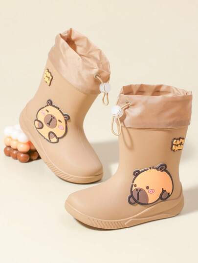 2025 New Children's Mid-Calf Rain Boots, Thick Warm Durable Rubber Rain Boots, Cute Cartoon Drawstring Design, Waterproof, High-End Rubber Shoes For Boys And Girls, Elementary School Students, Fresh Style Mid-Calf Rain Boots