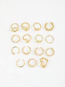 15pcs Smooth Geometric Oversized Fashion Rings, Vintage Coin Style Classic Gold Color Rings For Women - Gold - View 4