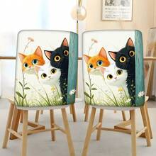 2/4/6pcs Cute Cat Pattern Linen Chair Covers, Suitable For Home Decor, Living Room, Dining Room, Garden, Hotel, Party, Washable Polyester Material Chair Seat Cushion Covers - Multicolor - View 3