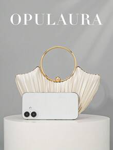 OpulAura 女士金属奢华晚装手拿包，优雅皮革派对手提包，闪光正式手拿包，适合礼服、舞会、婚礼、伴娘、生日礼服配饰 - 杏色 - 查看 4