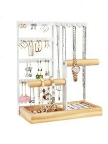 1pc Elegant Jewelry Organizer, 4-Tier Earring Holder With 48 Holes, 6 Hooks Necklace Organizer, Stylish Wood Box For Bracelets & Rings, Perfect Mother's Day Gifts For Women, Preppy Room Dr, Ideal For Valentine's Day, Thanksgiving, Christmas, New Year Celebrations, And Back To School Essentials, Enhance Your Space With Functional And Chic Accessories