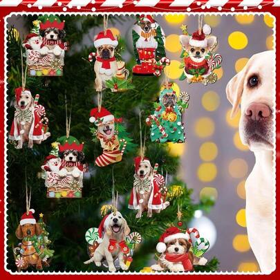 12 Stücke Landhaus-Stil Holz Weihnachtshund Hängedekoration