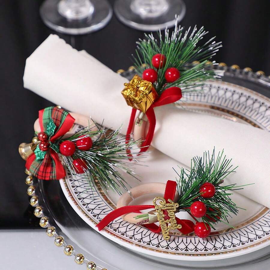 Christmas Napkin Rings With Pinecone Pine Needle Leaves Napkin Holder For Party Table Decoration - Light Green - View 1