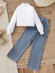 2 件青少年女孩学校/通勤二合一衬衫和针织背心搭配牛仔裤，休闲秋冬装 - 白色 - 查看 2