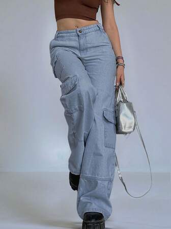 GILIPUR New Light Blue High Waist Multi-Pocket Cargo Jeans, Elegant & Fashionable, Casual & Versatile, Streetwear Style, Retro, Suitable For Outings, School, Commuting, New Year, Valentine's Day, Music Festivals, Holiday Outfits, Travel, And As Holiday Gifts