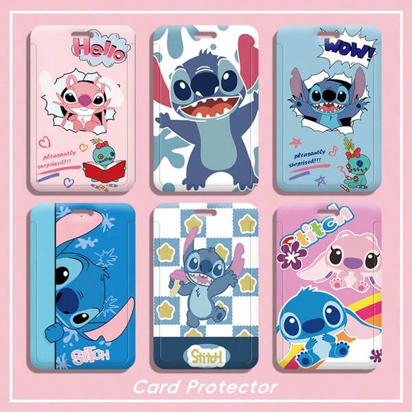 1 pieza Llavero con tarjetero con diseño de Stitch, estuche de plástico duradero para tarjeta de identificación, diseño de dibujos animados, adecuado para la escuela, el trabajo, estilo lindo, accesorio de personaje, portador de tarjeta de acceso al metro