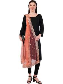 Scalloped Cutwork Net Dupatta, Lightweight And Sheer Shawl, Scarf, Wrap - 淺粉色 - 查看 8