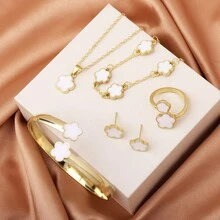 5 Pieces Of Popular Lucky Clover Fashion Lucky Stud Necklace Bracelet Ring Five-Piece Set With Five-Petal Flowers, Suitable For Parties And Festivals