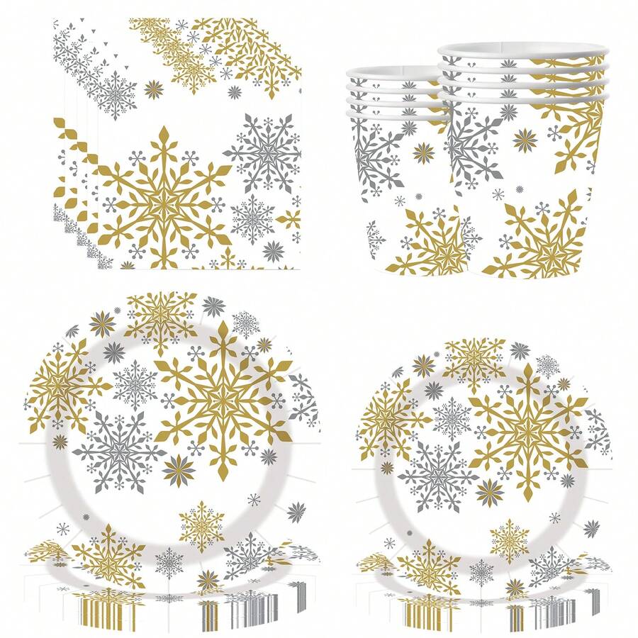 10 قطعة أطباق ورقية وأكواب ومناديل بشكل بلورات الثلج باللون الفضي والذهبي، طقم أدوات مائدة شتوية لحفلة عيد الميلاد بموضوع عالم الجليد، تشمل أطباق عشاء قطر 9 بوصة وأطباق حلوى قطر 7 بوصة، لحفلات عيد الميلاد وأعياد الشتاء - متعدد الألوان - مشاهدة 1