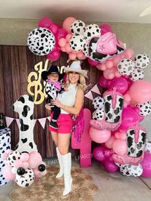 102pcs/21pcs Pink Cowgirl Theme Balloon Arch And Garland Set, 40 Inch Cow Print Balloons (Numbers 0-9), Cowboy Hat/Cowboy Boot Balloons, Farm Theme Birthday Party Decoration, Cream Print Latex Balloons, Farm/Barn Party, Baby Shower - Multicolor - View 3