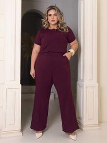 Women's Plus Size Set Of Sweatpants And Short Sleeve Top - Màu Đỏ Sâu - Xem 3